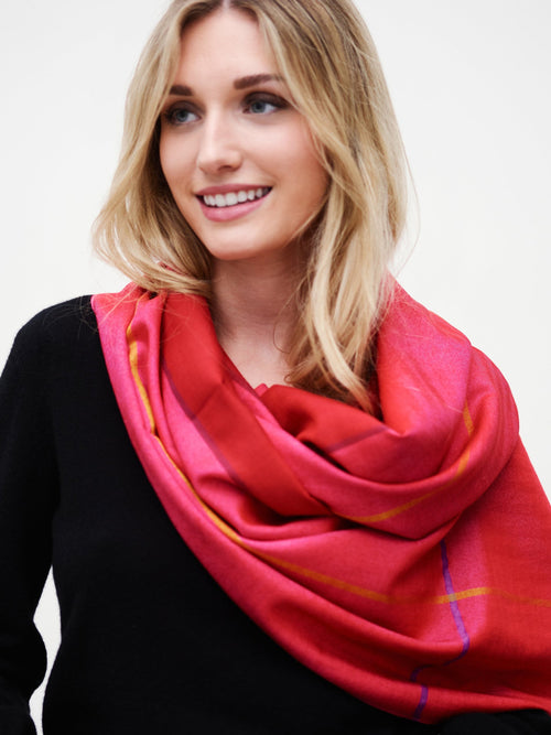 Echarpe bicolore en soie laine rose, rouge